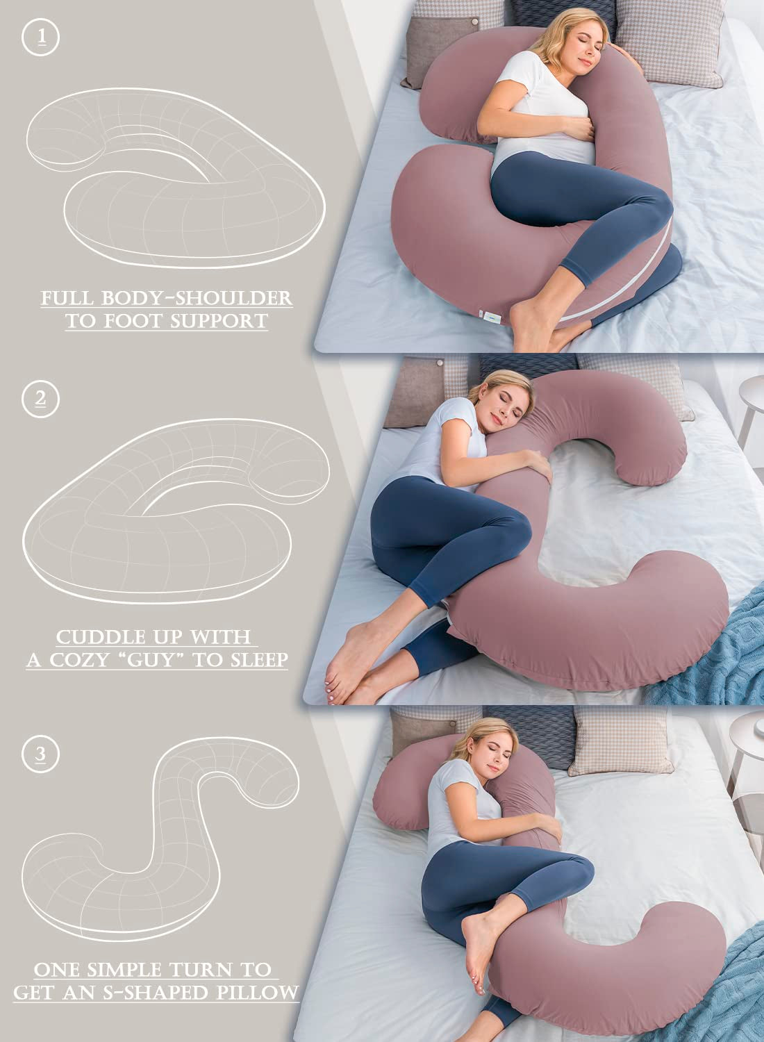 Pregnancy Pillow,Maternity Body Pillow with Velvet Cover,C Shaped Body Pillow for Sleeping (Cooling Cotton-Pink)