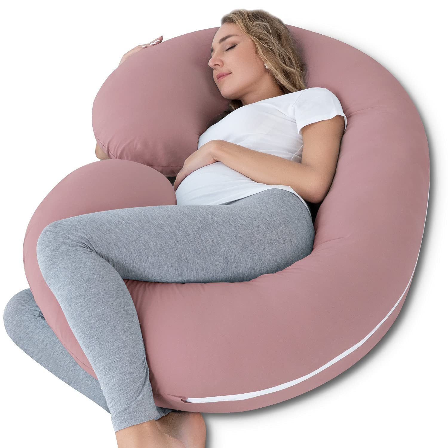 Pregnancy Pillow,Maternity Body Pillow with Velvet Cover,C Shaped Body Pillow for Sleeping (Cooling Cotton-Pink)