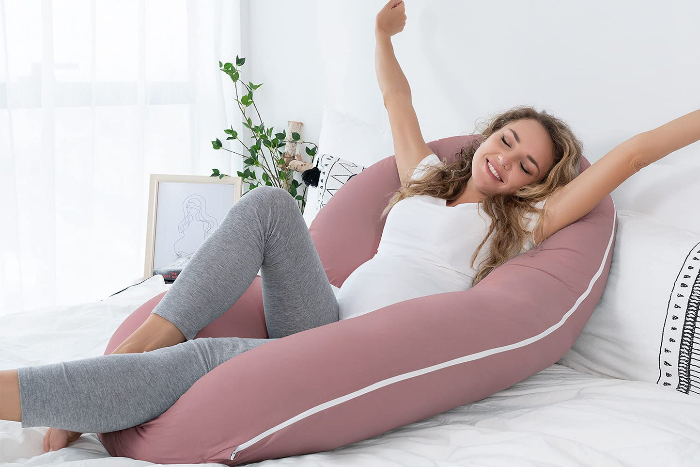 Pregnancy Pillow,Maternity Body Pillow with Velvet Cover,C Shaped Body Pillow for Sleeping (Cooling Cotton-Pink)